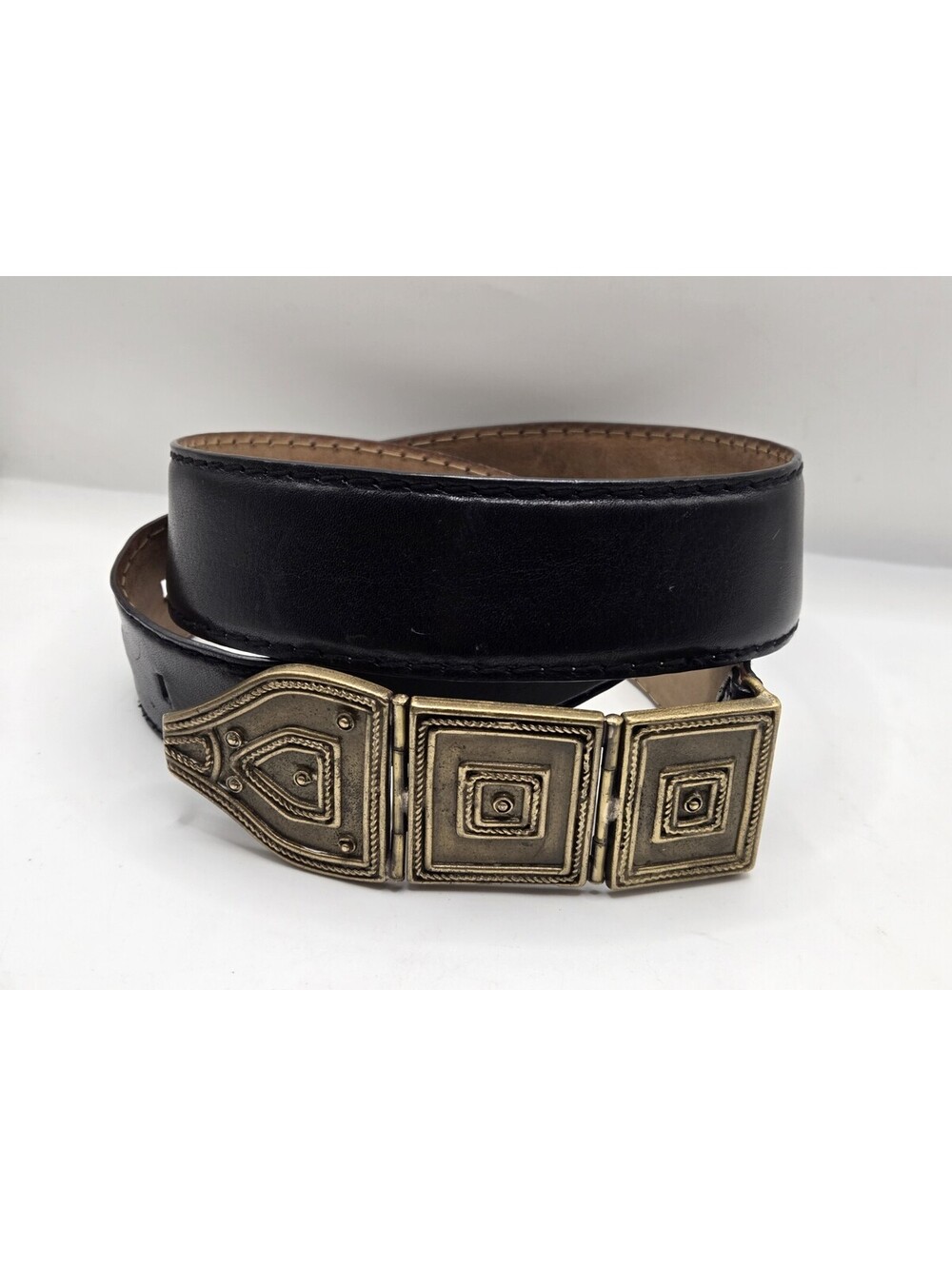 Vintage Donna Karan New York Black Leather Belt Sz M Made In Italy Brass Buckle